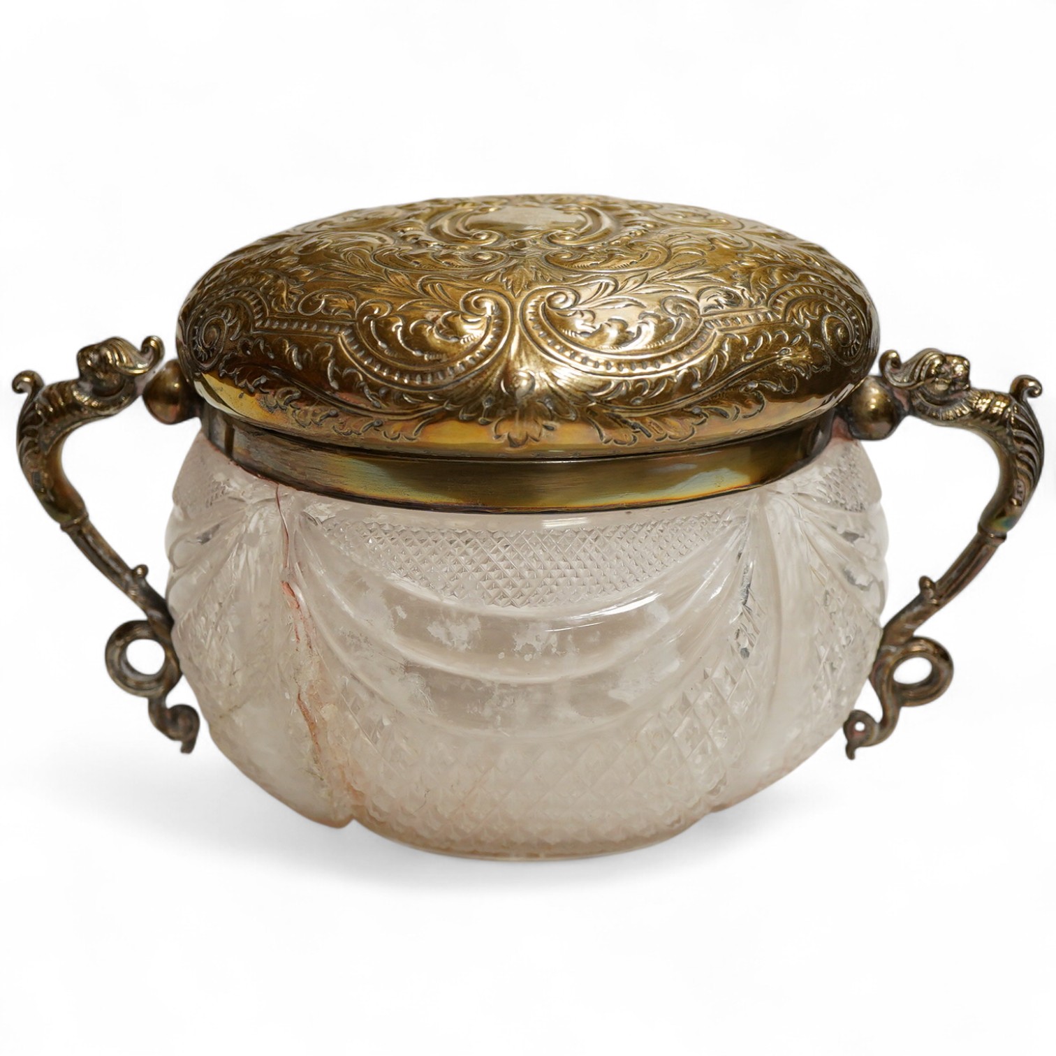 A late Victorian silver mounted cut glass biscuit barrel Birmingham 1898, Plante & Co, the cut glass body cracked with repaired section, height 15cm